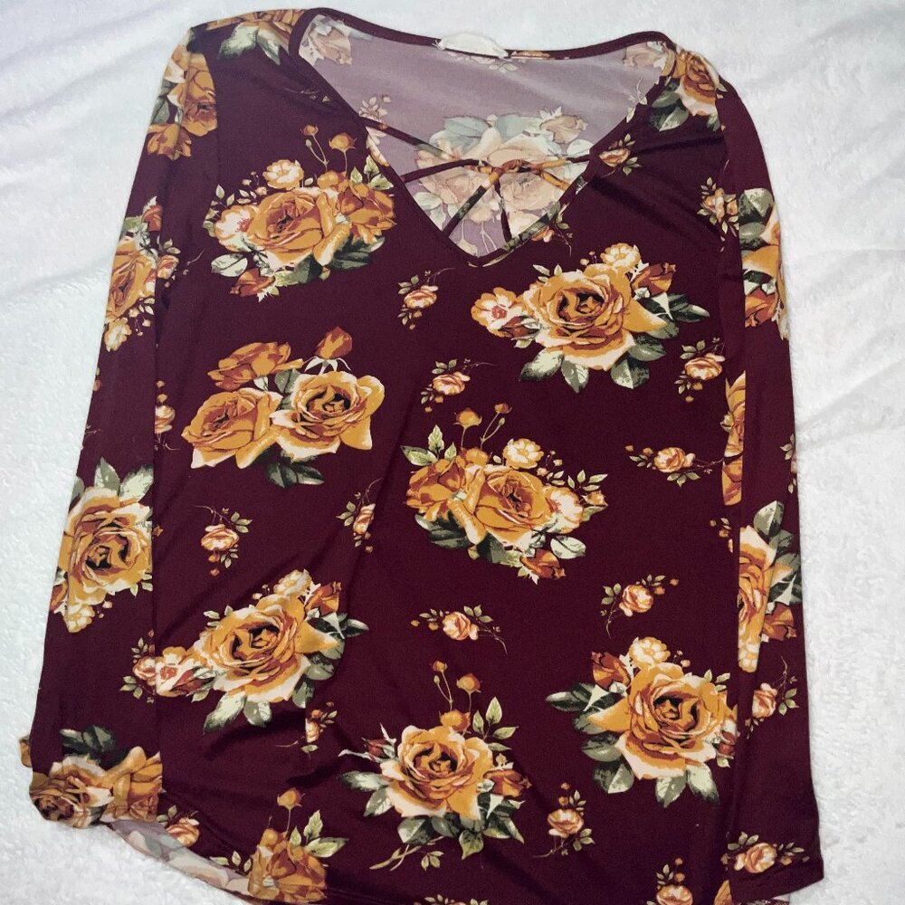 A. Gain soft and comfy Burgundy floral with yellow LS long blouse top. XL